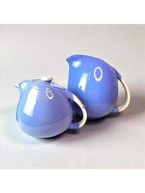 Vintage Blue Ceramic Pitcher & Teapot Set With Floral Handle Accent Elegant Roun